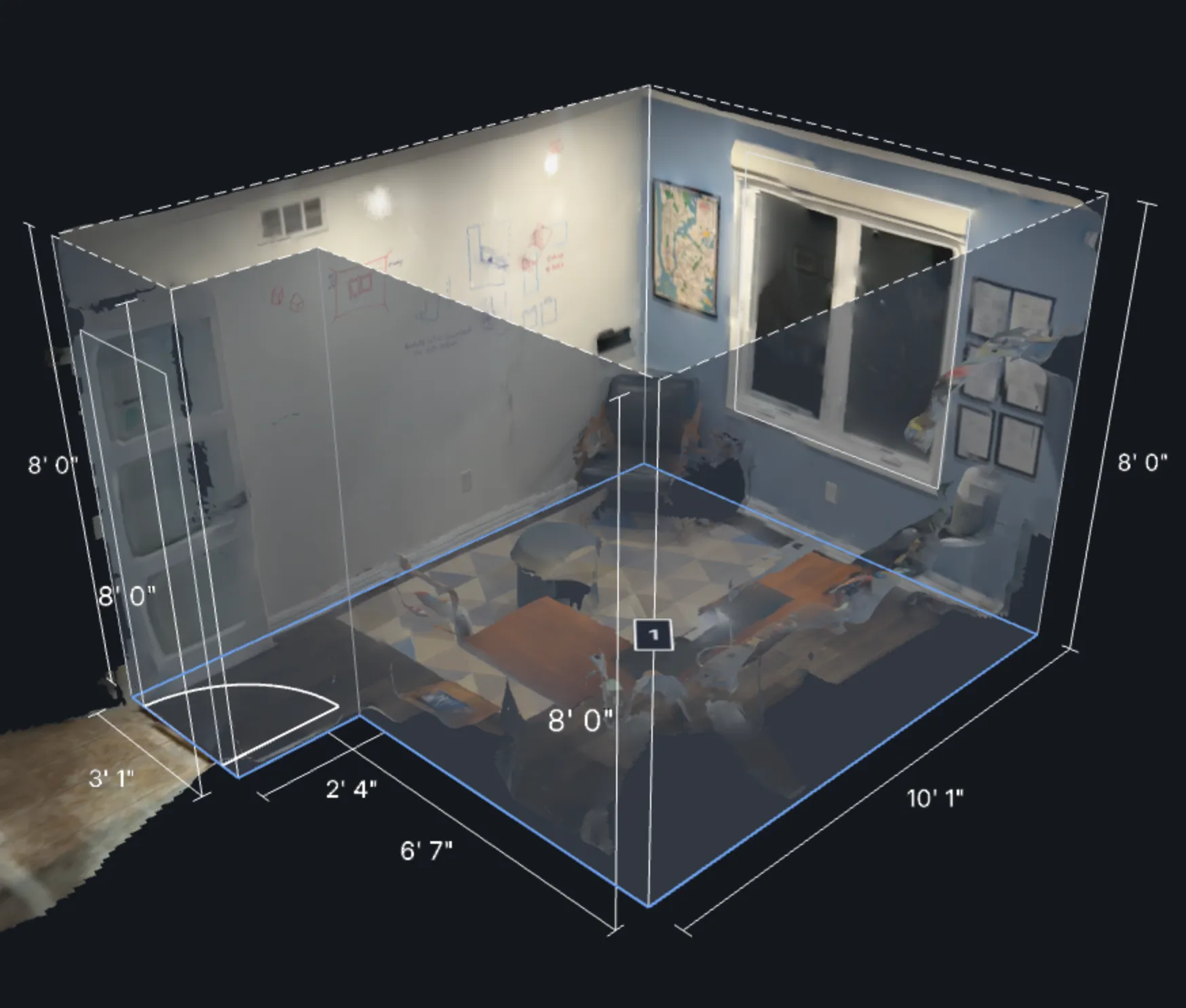 A living room photo overlaid with a dimensioned 3D reconstruction, showing wall, ceiling, and floor measurements resolved from the scan.