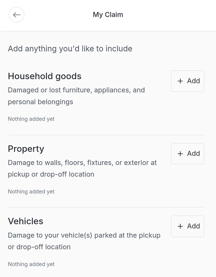 The Yembo claim filing screen on a phone, listing household goods, property, and vehicles, each with an Add button.