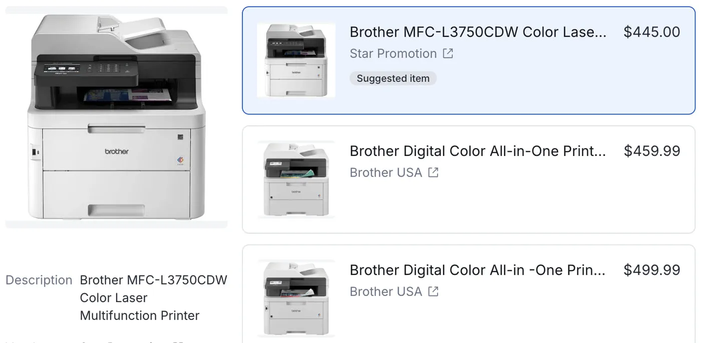 A claimed printer beside three comparable models Yembo found at online retailers, each with its price and vendor, and the closest one marked as the suggested item.