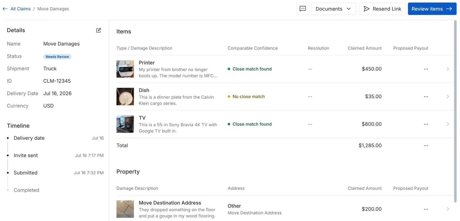 The Yembo claim review screen, showing claim details and a timeline beside a table of claimed items with a comparable confidence rating, claimed amount, and proposed payout for each.