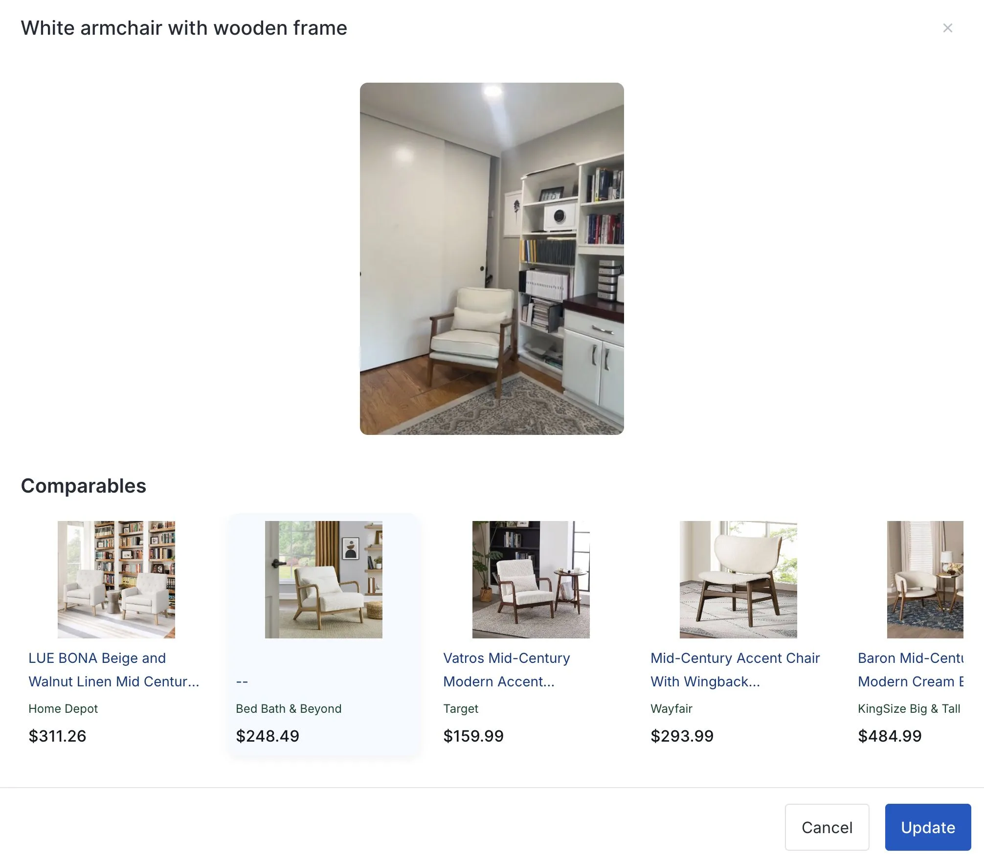 A captured white armchair with a wooden frame beside five comparable armchairs Yembo found at online retailers, each with its retailer and price, and the closest match highlighted.