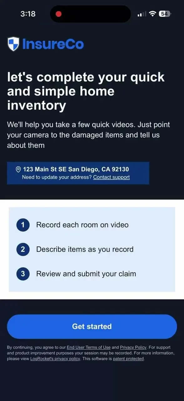 The start of the Yembo inventory flow in a phone browser, carrier branded, inviting the policyholder to complete a home inventory in three numbered steps: record each room on video, describe items as you record, review and submit your claim.