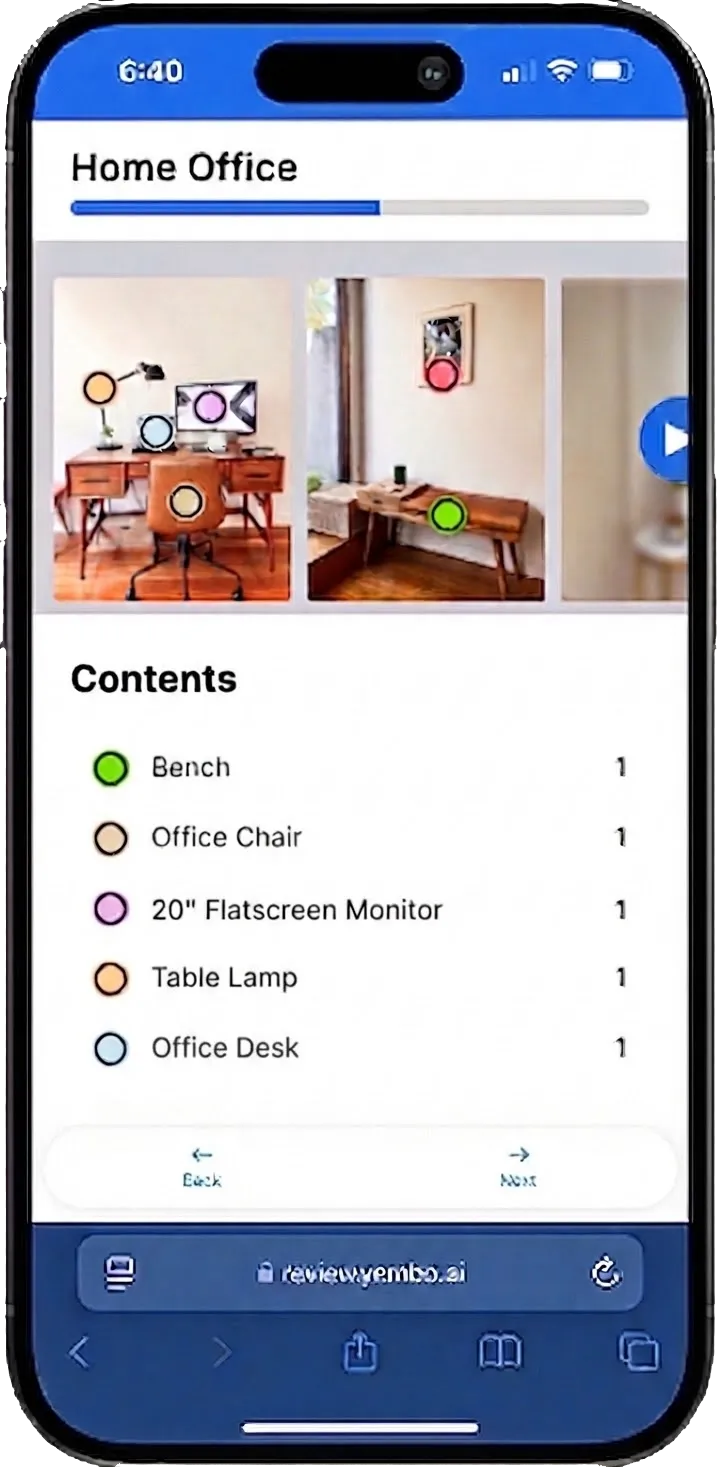 A phone showing the Yembo capture flow for a home office, with captured room photos above a contents list naming a bench, an office chair, a monitor, a table lamp, and an office desk, each with a quantity of one.