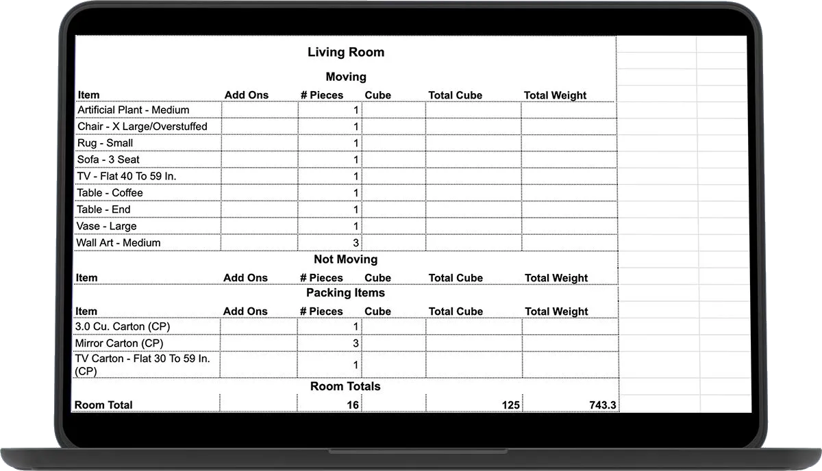 A traditional spreadsheet cube sheet listing living room items in rows of text, with empty cube and weight columns.