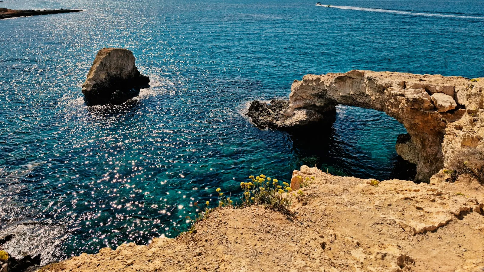 A body of water with a bridge and a boat in the distance