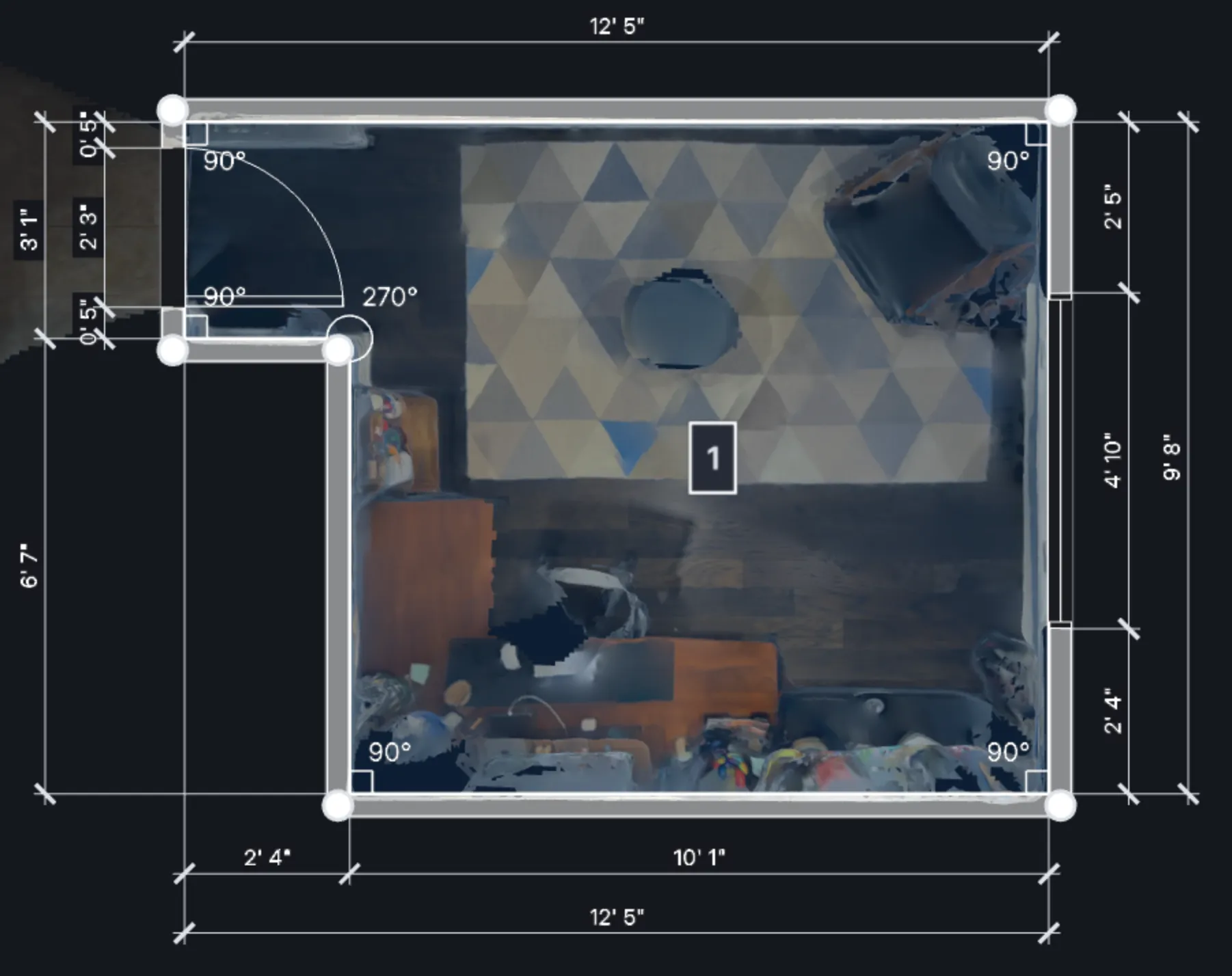 A dimensioned top-down floor plan generated from the scan, with wall lengths and angles labeled.