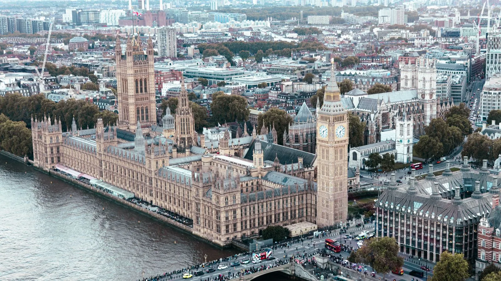 Aerial view of the Palace of Westminster and Big Ben beside the River Thames in London