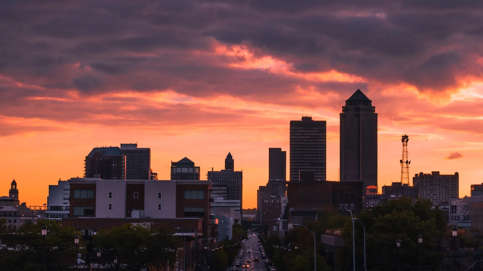 A city skyline at sunset