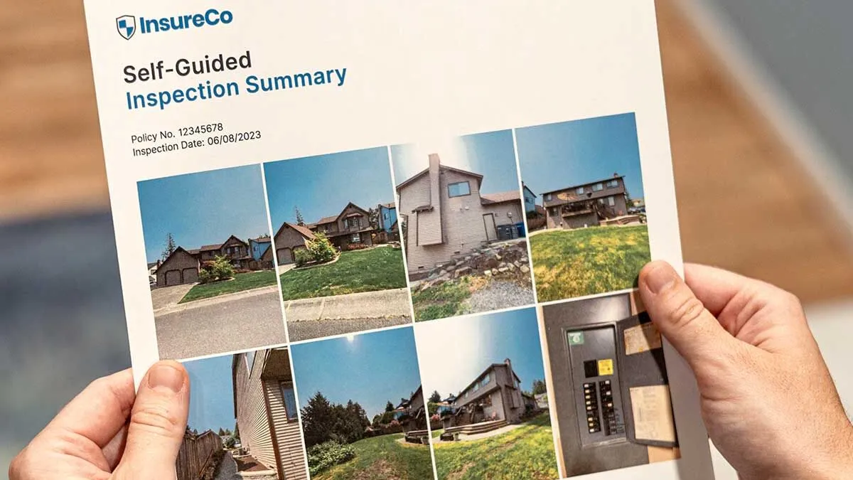 A printed self-guided inspection summary held in two hands, with a grid of property photos.