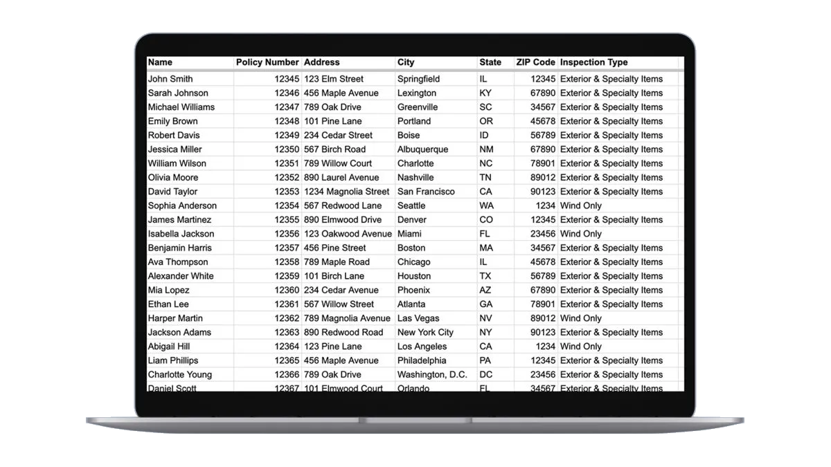 A laptop showing a list of policyholders awaiting inspection, with names, addresses, and inspection type.