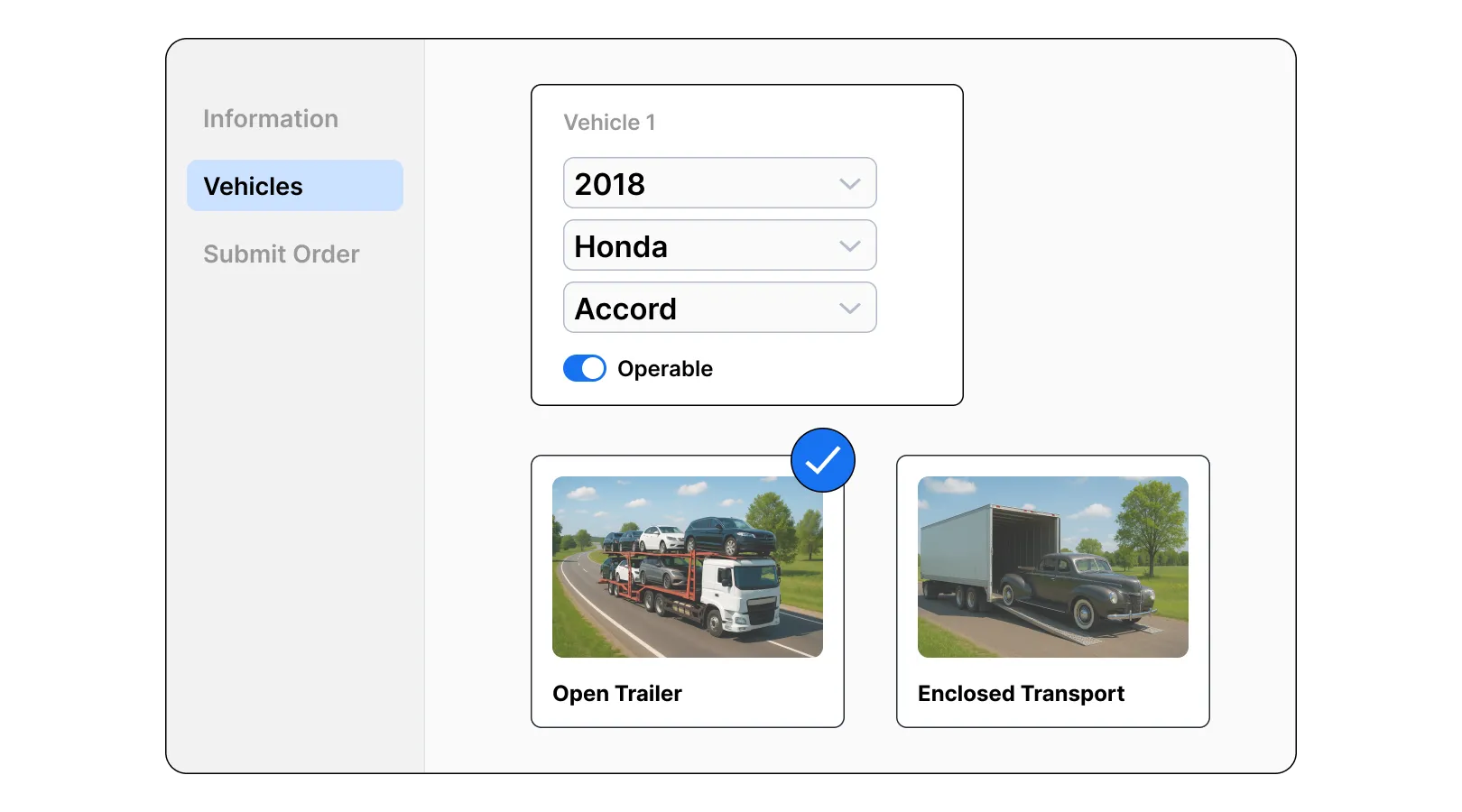 The Yembo vehicle transport order form showing a 2018 Honda Accord marked operable, with open trailer and enclosed transport options and their photos.