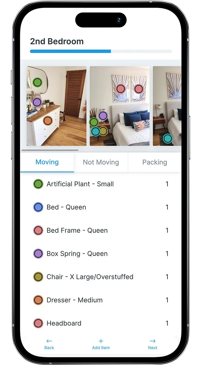 The Yembo mobile app showing a second bedroom with numbered, color-coded markers on the room photos and the matching inventory list below.