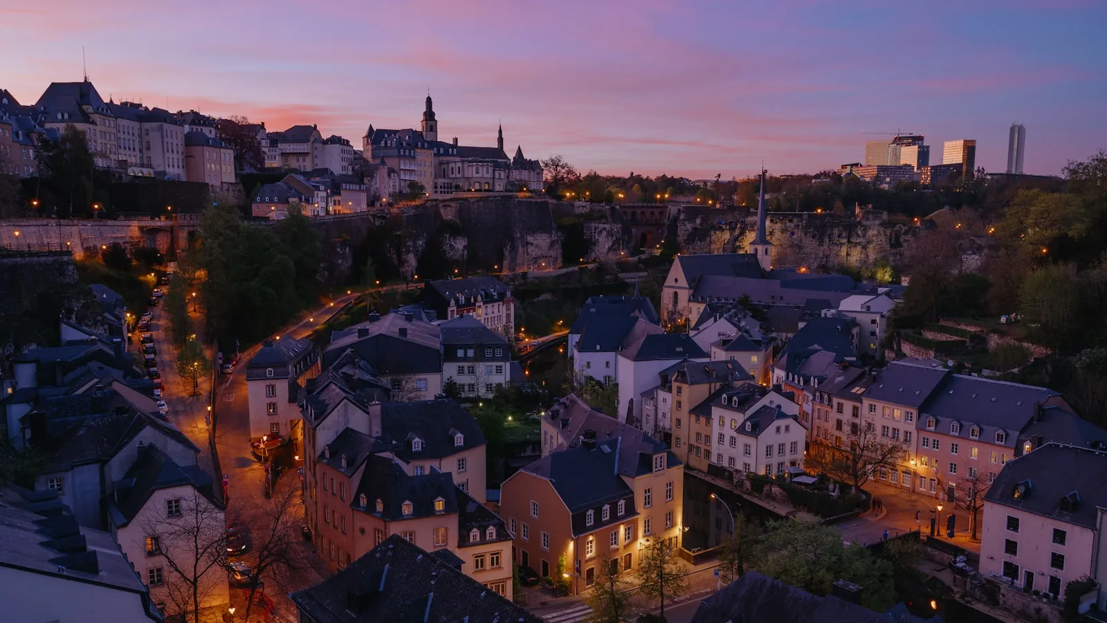 Aerial view of old town at sunset