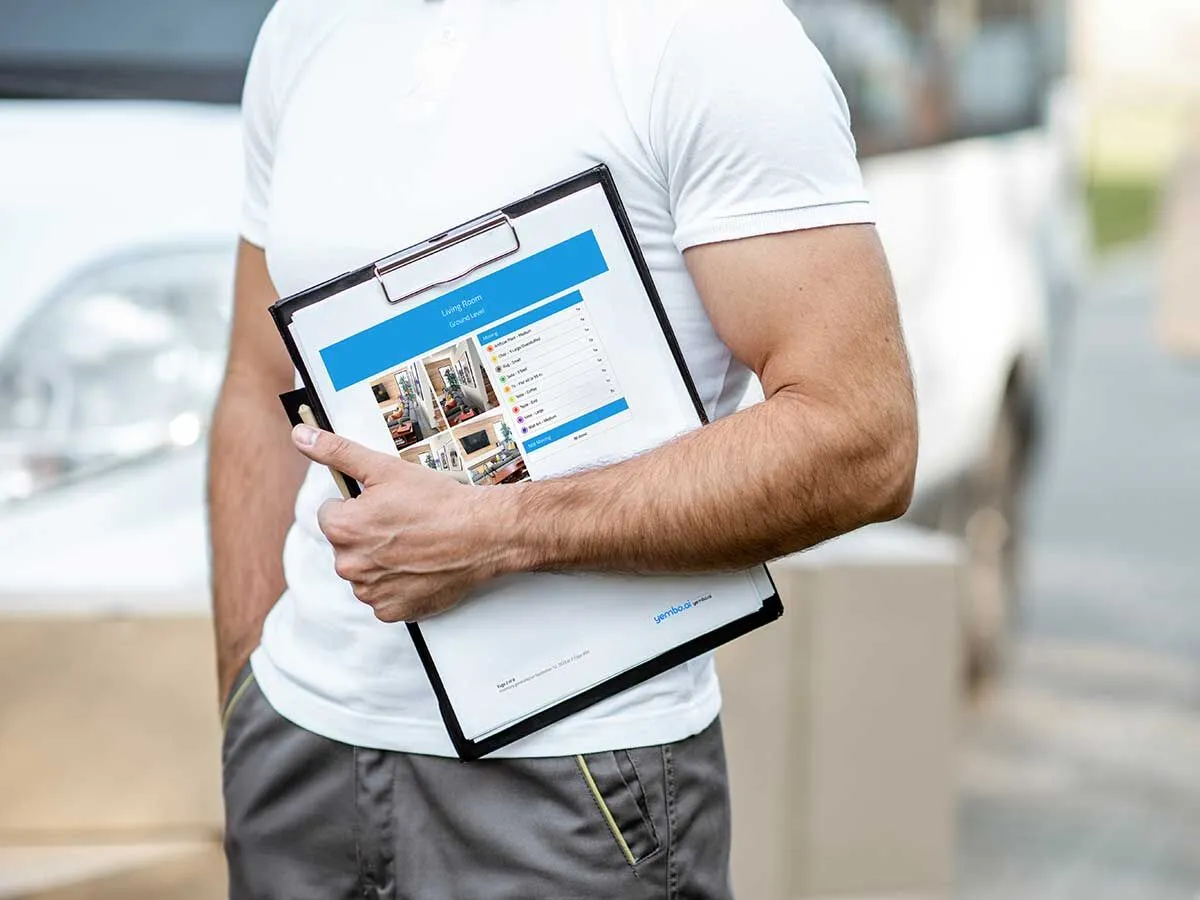 A mover holding a clipboard with a printed Yembo visual inventory showing room photos beside the item list.