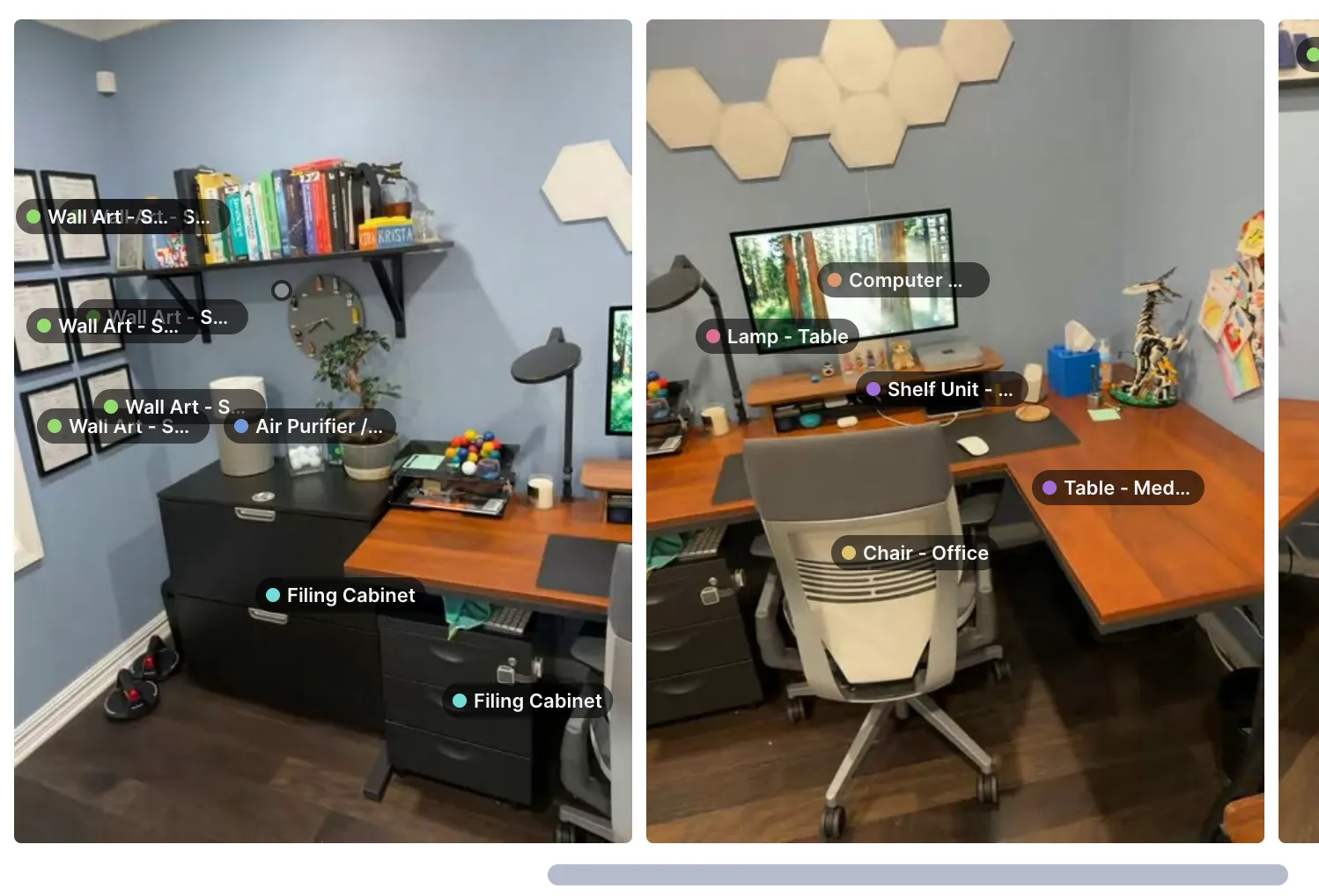 Two office photos with the AI labeling individual objects in the room, such as wall art, a filing cabinet, a chair, and a shelf unit.