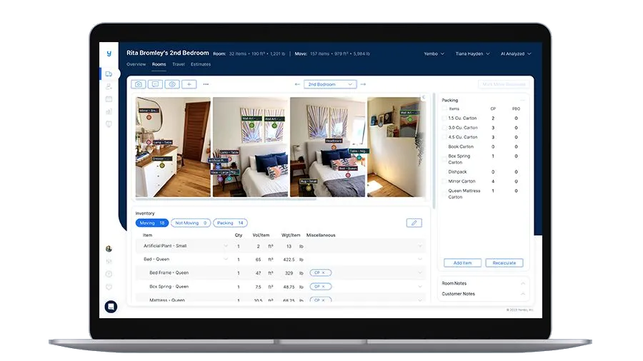 The Yembo web app showing a room review screen with photos of a bedroom, the numbered inventory beneath them, and the packing list alongside.