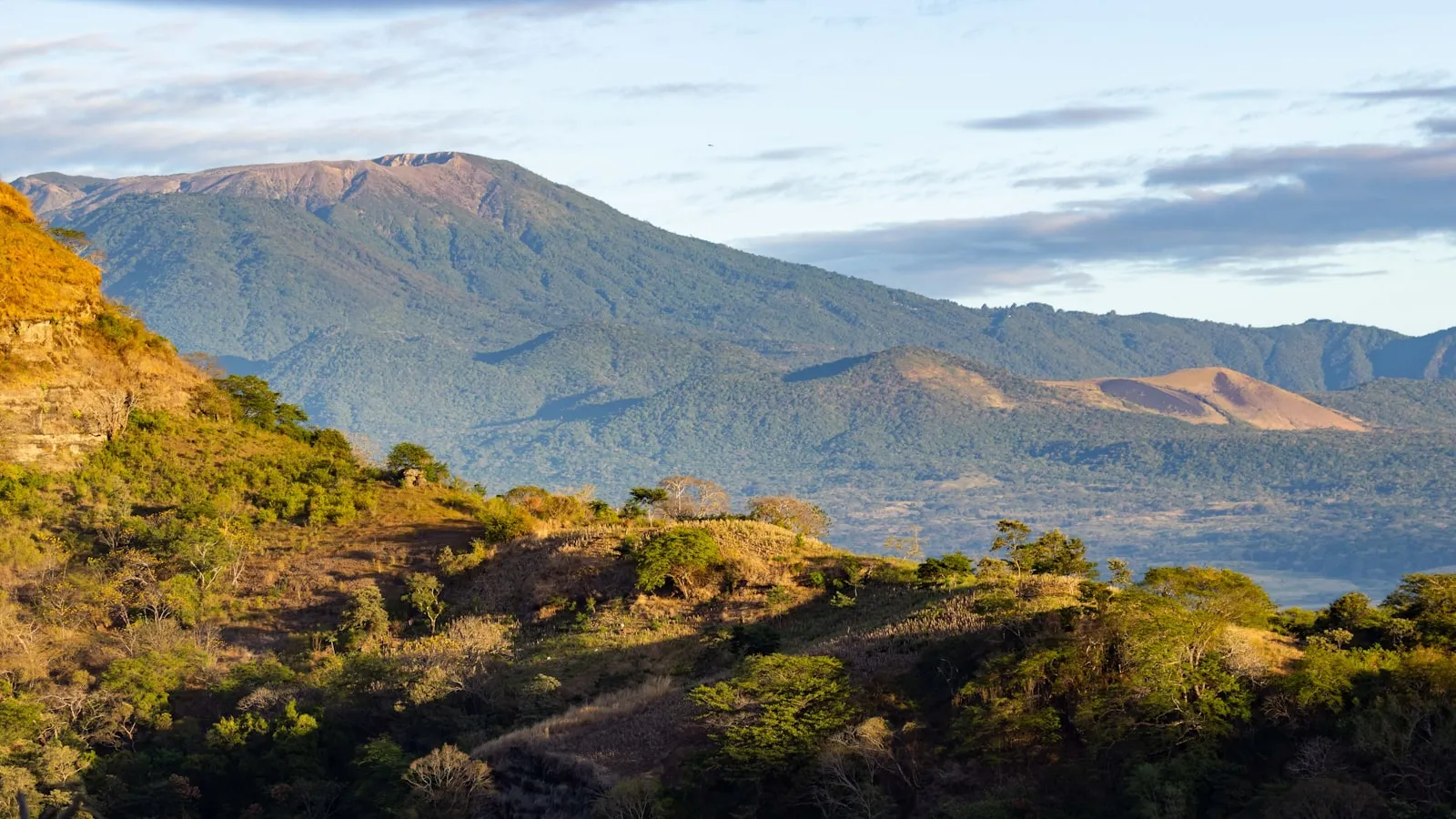 A view of a mountain range with trees and mountains in the background