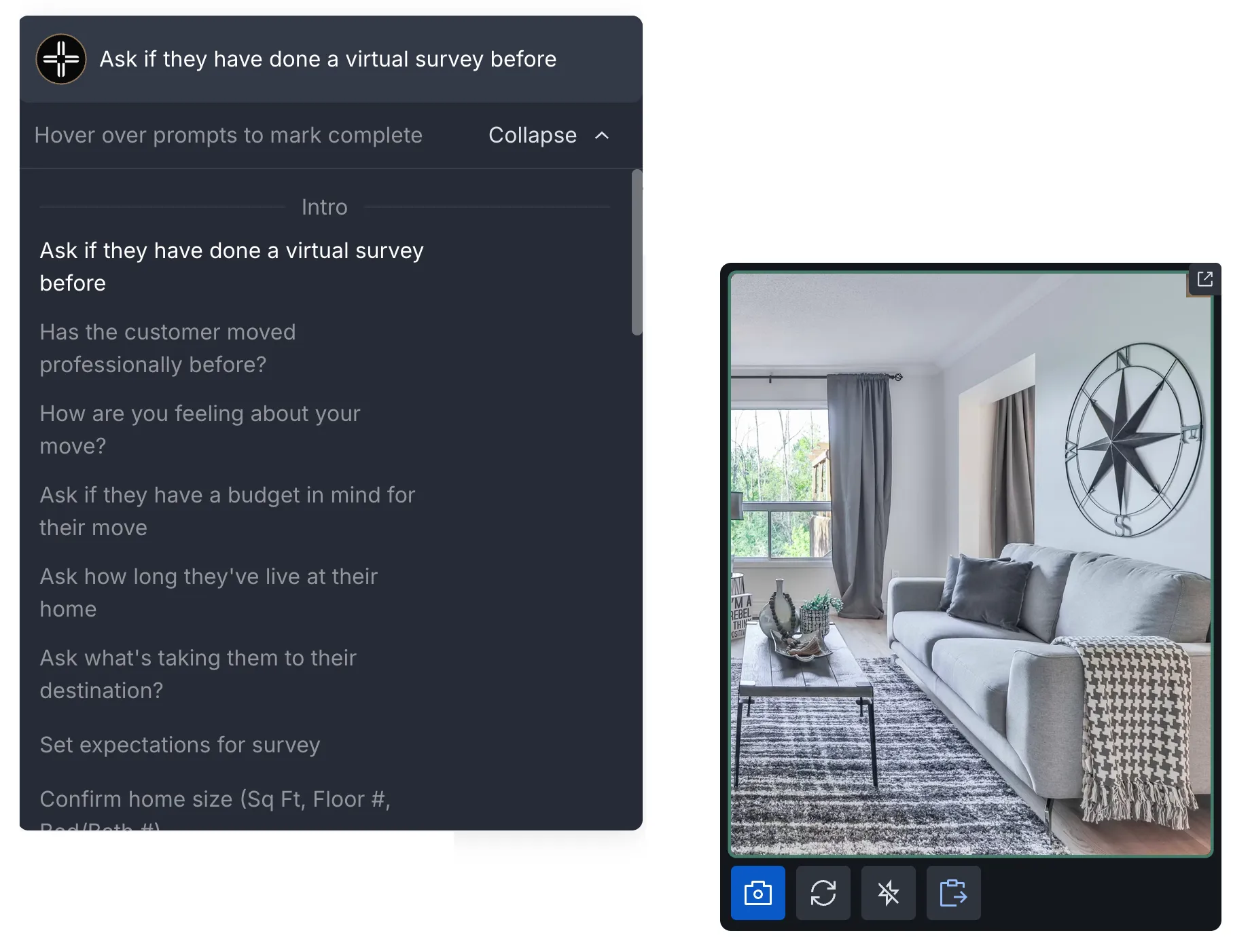 Teleprompter running during a live survey: the prompt list on the left, including "Ask if they have done a virtual survey before" and further questions, beside a live video of a living room with a sofa and wall art and capture controls below.