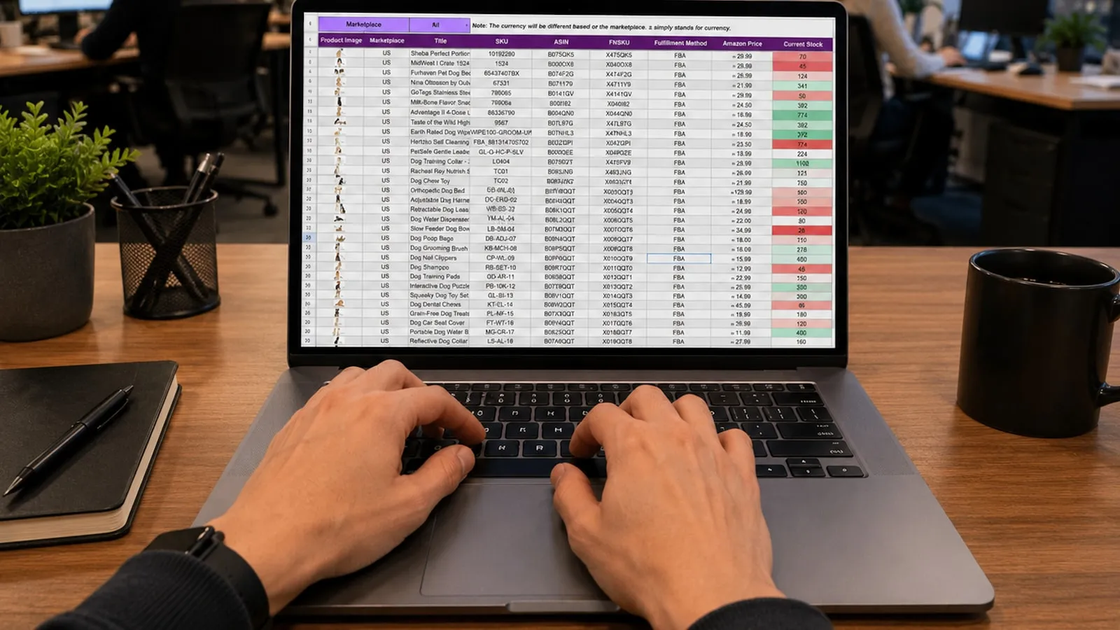Hands on a laptop reviewing a spreadsheet of results in a bright office.