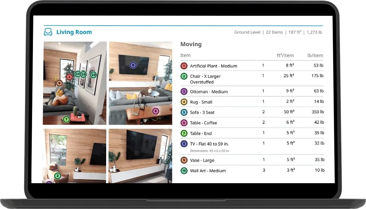 The Yembo visual inventory showing living room photos with numbered, color-coded markers beside a matching item list with cubic feet and weight per item.