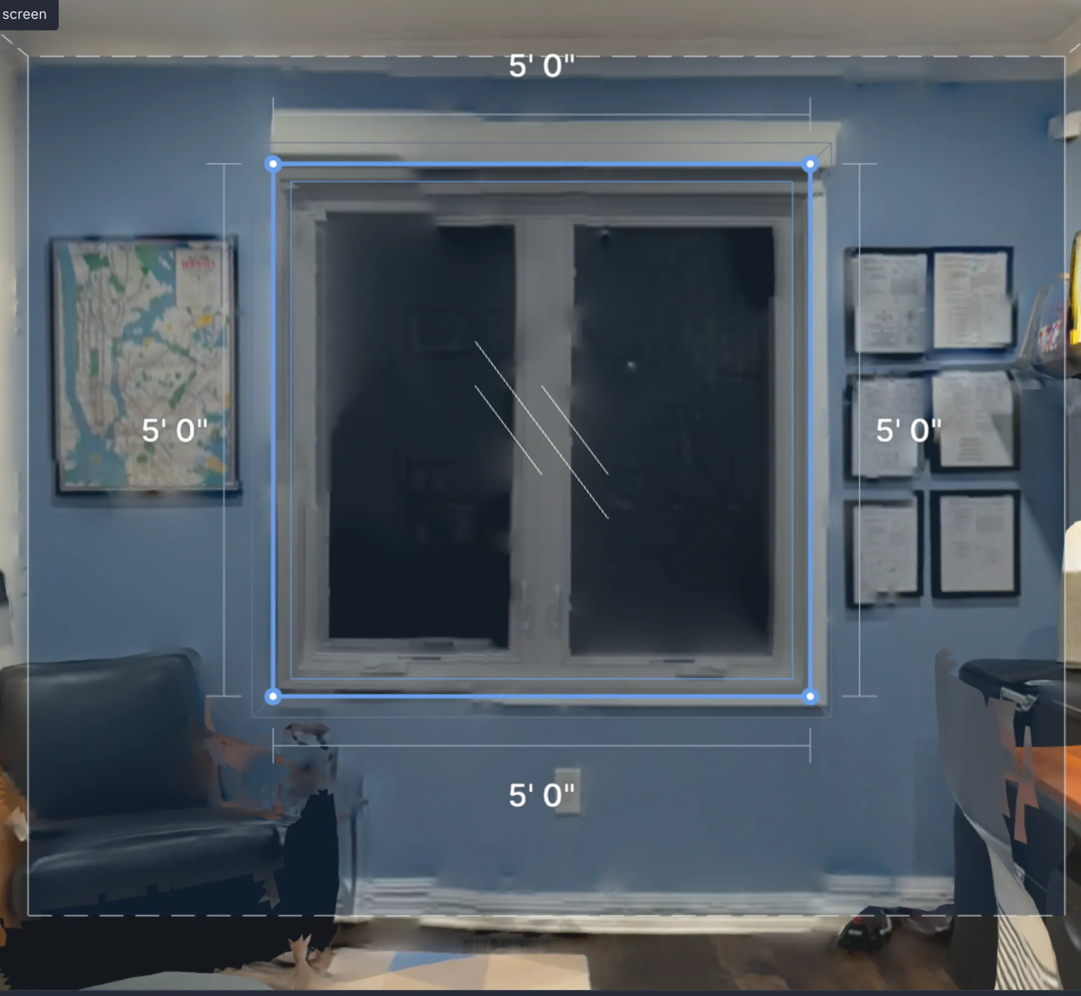 A wall elevation with a window automatically detected and outlined, with its dimensions labeled.
