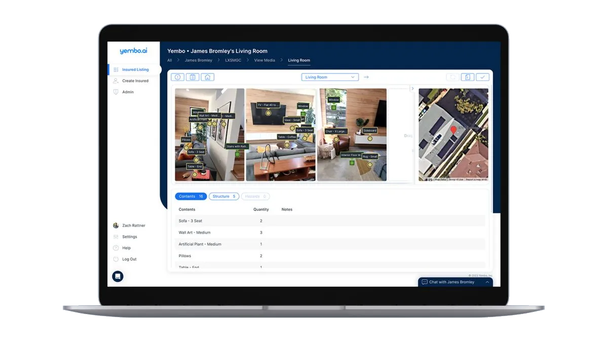The Yembo Hub on a laptop, showing captured room photos beside an itemized list of contents.