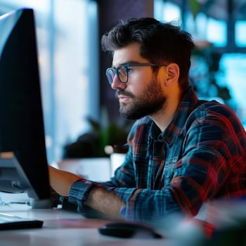 man at computer downloading data