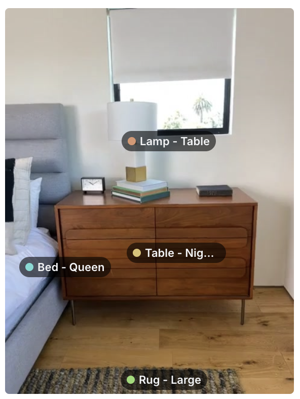 A bedroom corner with a wooden dresser, table lamp, mirror, bed and rug, each labeled with its detected object type