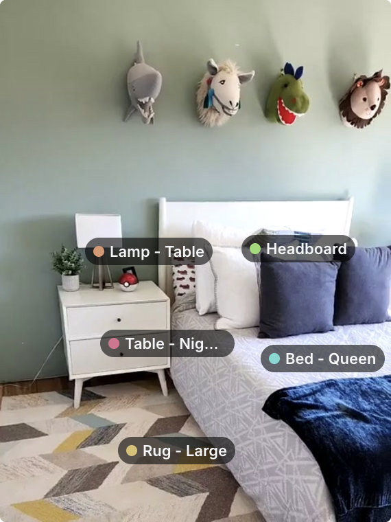 A child's bedroom with a queen bed, headboard, nightstand, table lamp and rug, each labeled with its detected object type